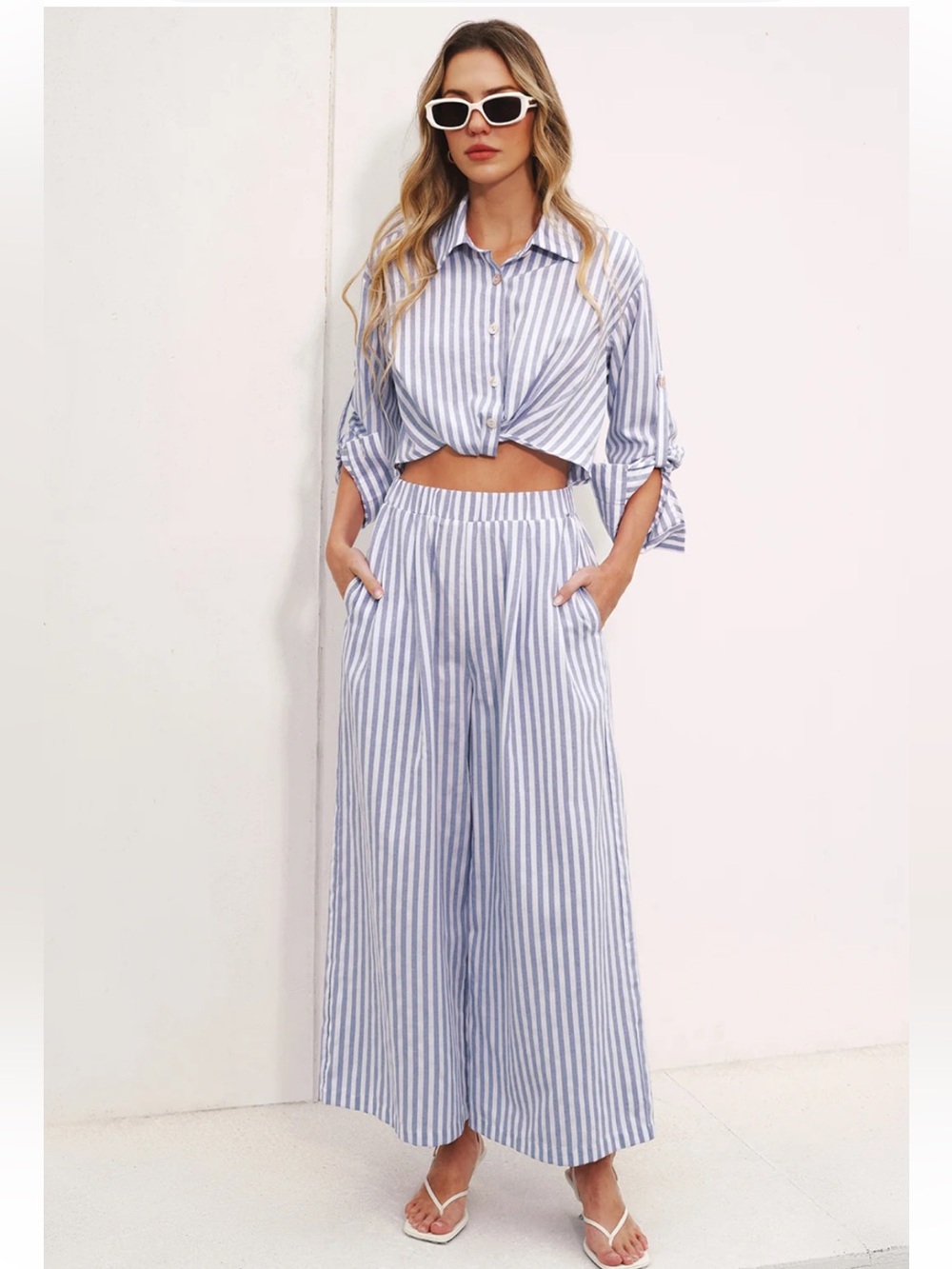 Commense Striped Collared Wide-Leg Jumpsuit Size Large NWT